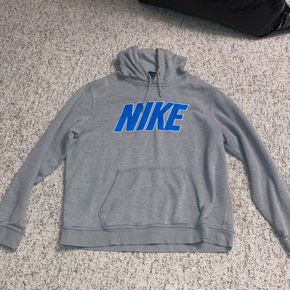 Women’s Nike Gray Hooded Drawstring Sweatshirt with Blue Logo